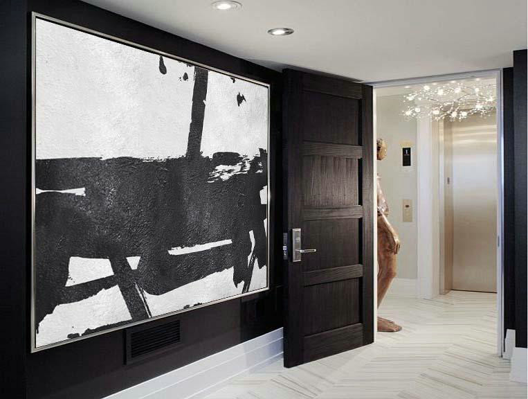 Large Colorful Wall Art,Horizontal Minimal Painting On Canvas, Black, White, Grey - Textured Painting Canvas Art